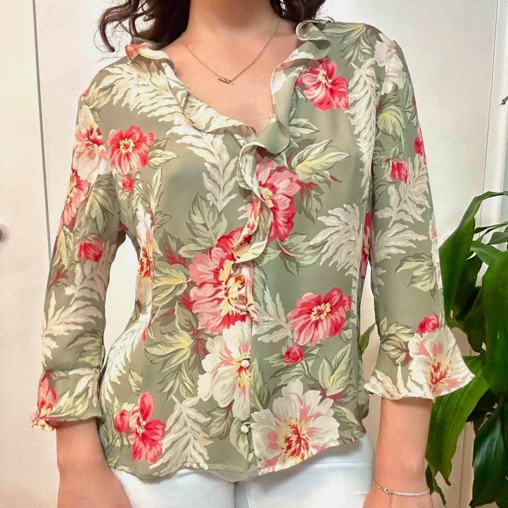 Jones New York Luxury Silk Floral Ruffle Blouse Size Medium